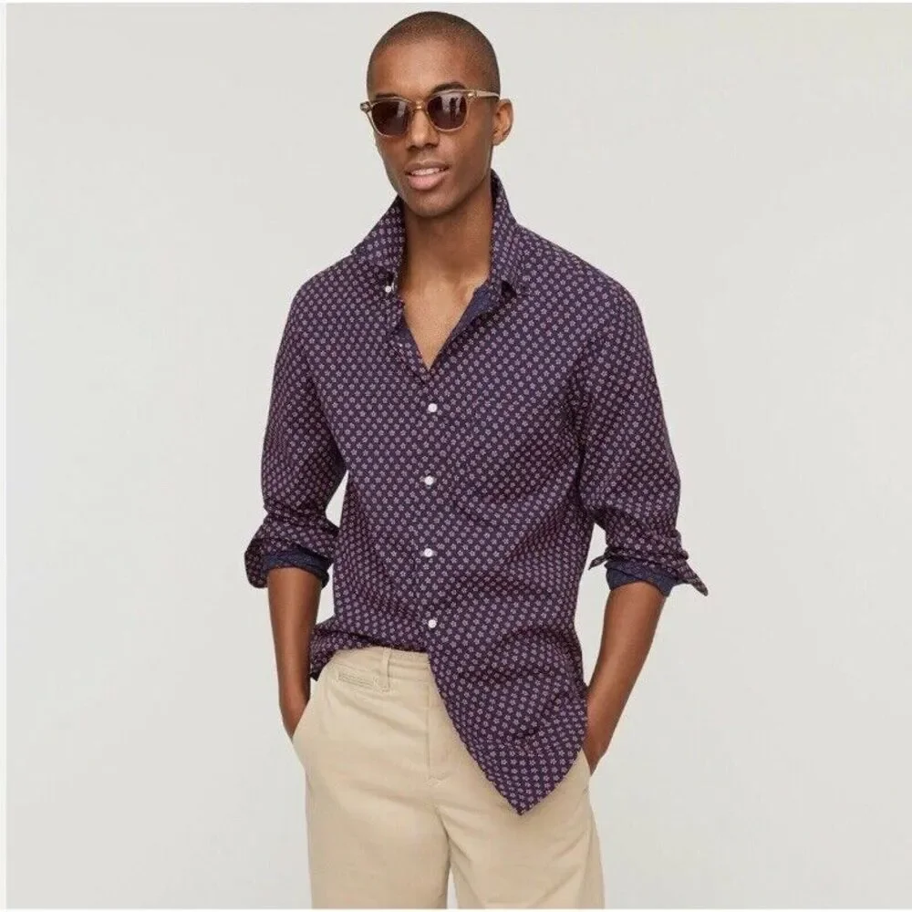 J. Crew Stretch Secret Wash Floral Slim Long Sleeve Button Down Shirt Navy‎ L
